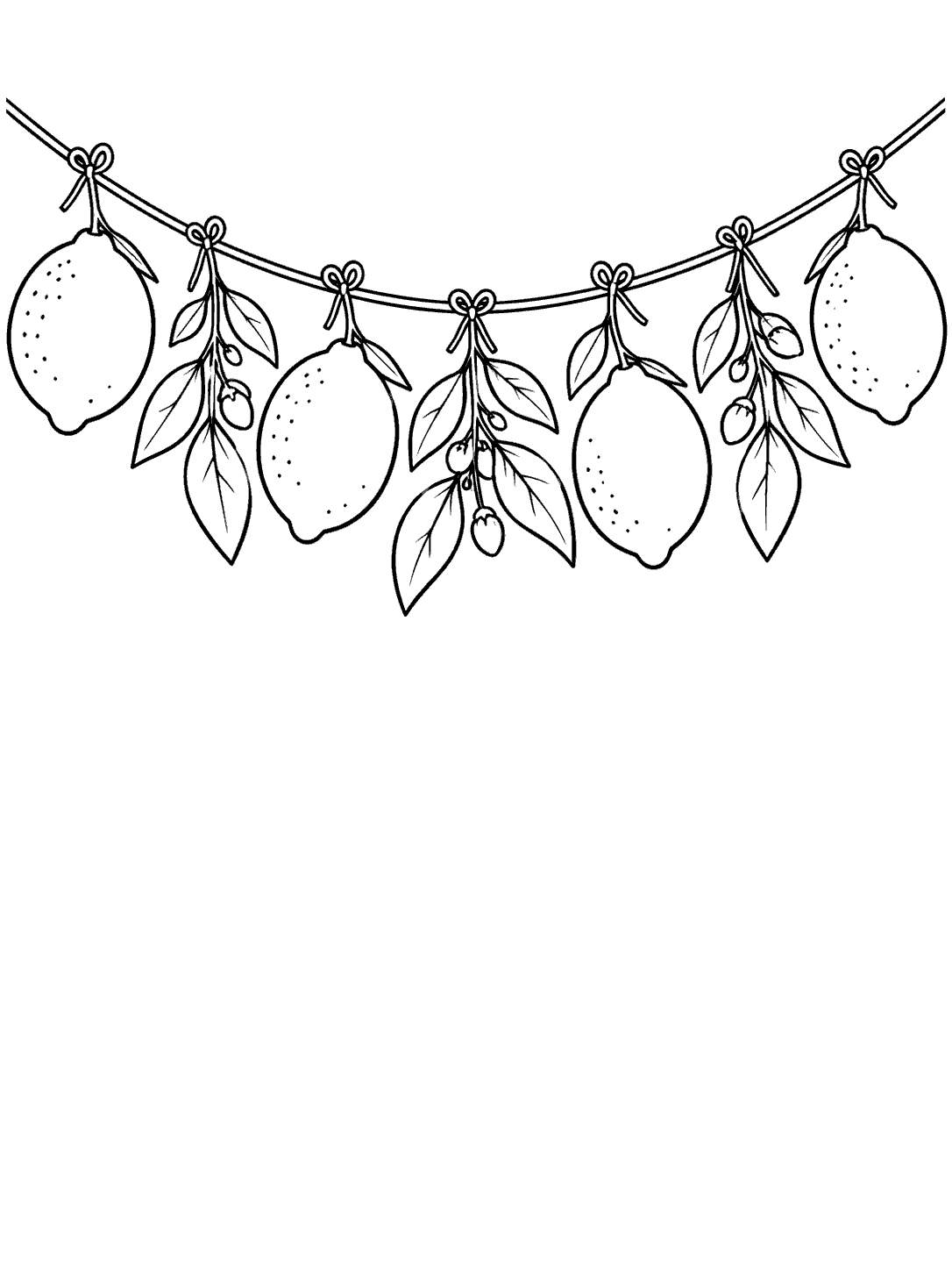 Five whole lemons alternate with leafy sprigs along a curved tied garland in a black-and-white coloring page.