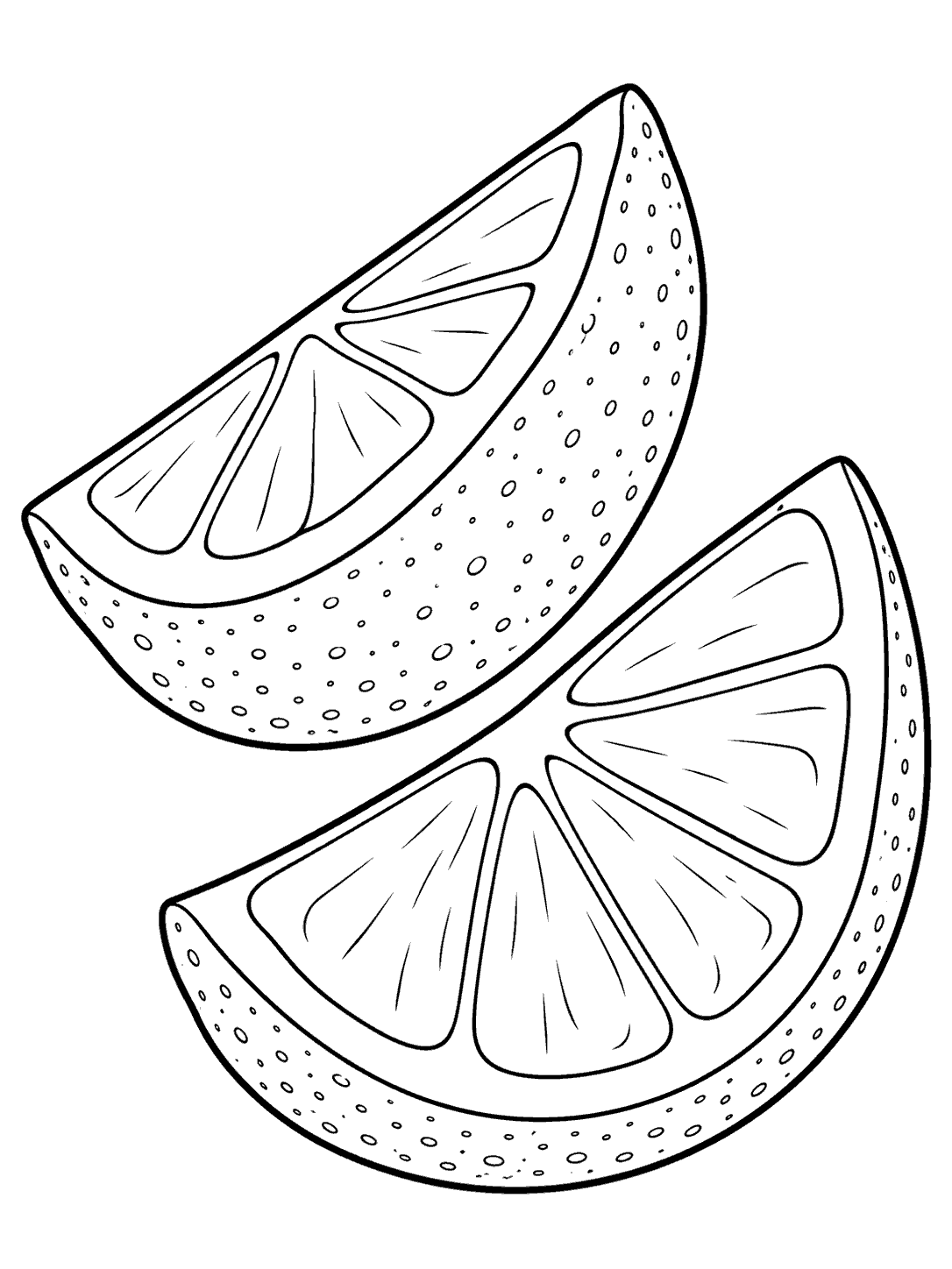 Two large lemon wedges at different angles, each showing broad cut-face segments and textured rind.
