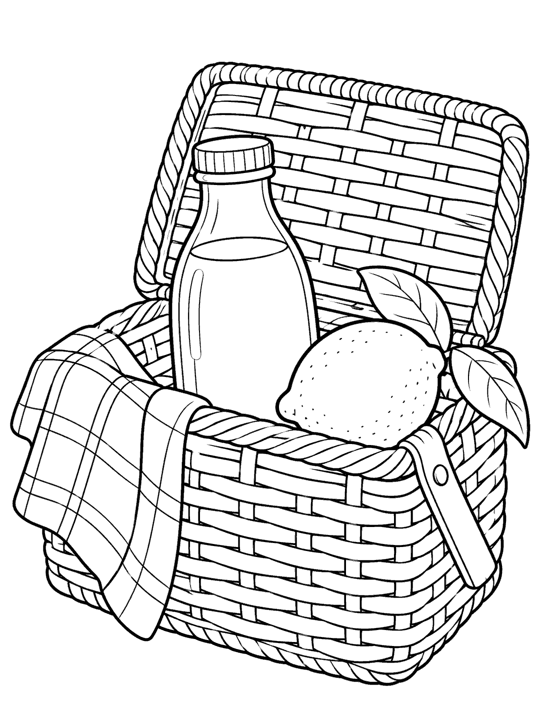 An open woven picnic basket with a folded cloth draped over its side, a plain bottle, and a whole lemon with leaves.