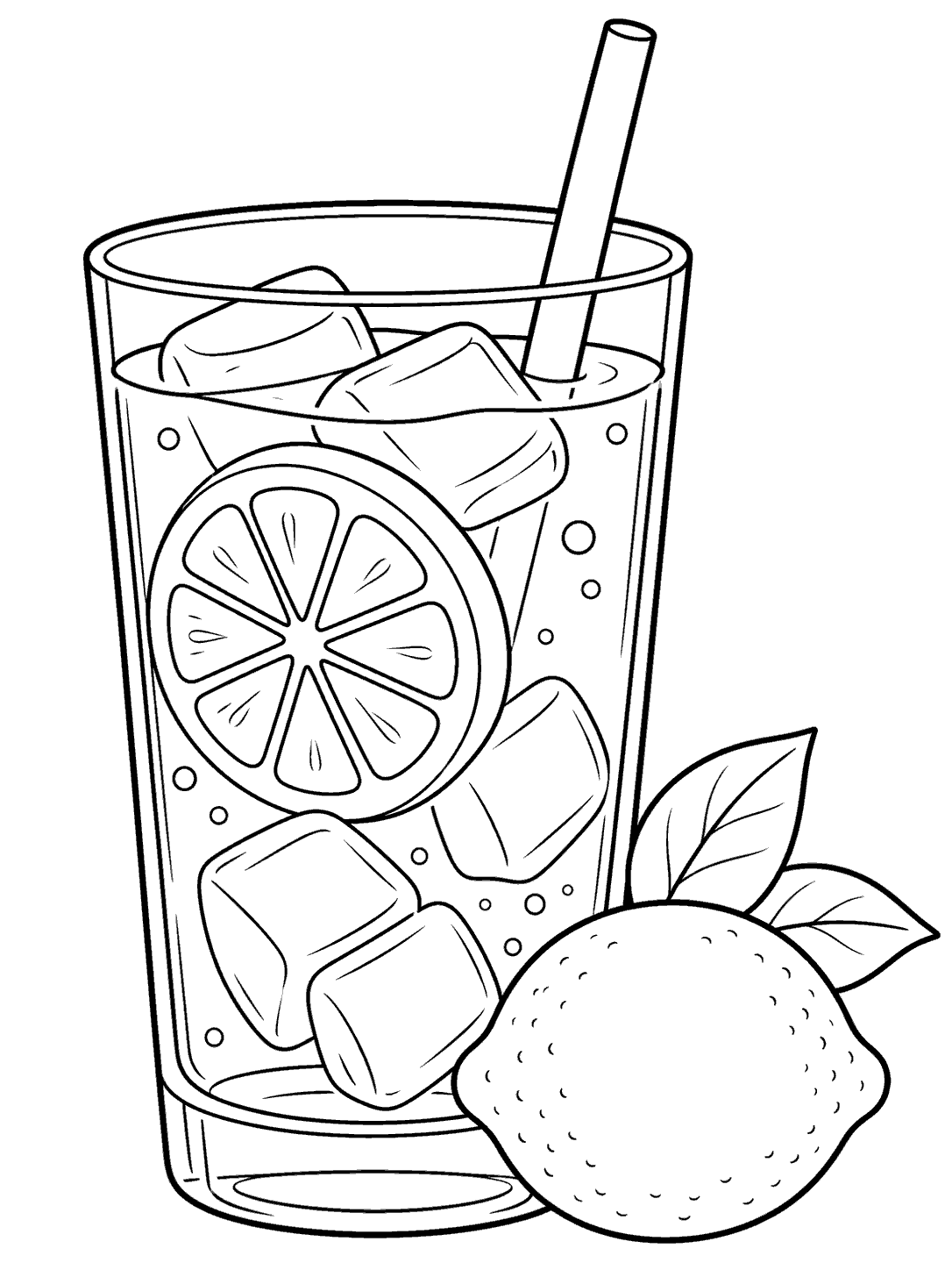 Black outline coloring page of a tall iced lemonade glass with a lemon wheel and straw beside a whole lemon.