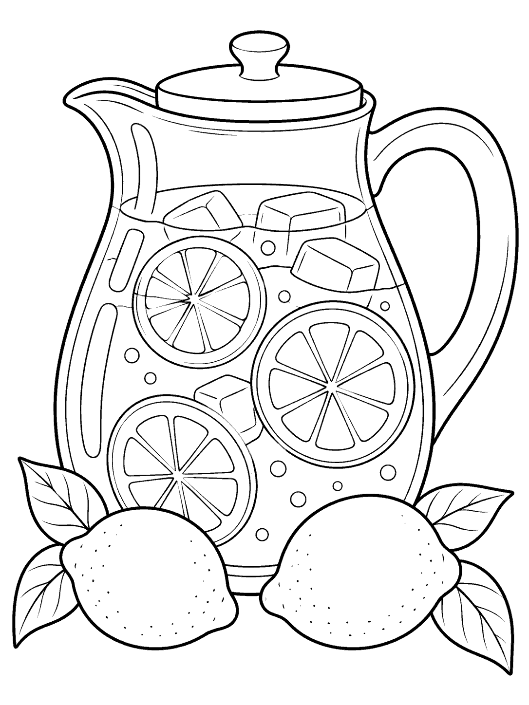 Lemonade pitcher coloring page with lemon slices, ice, and two whole lemons at its base