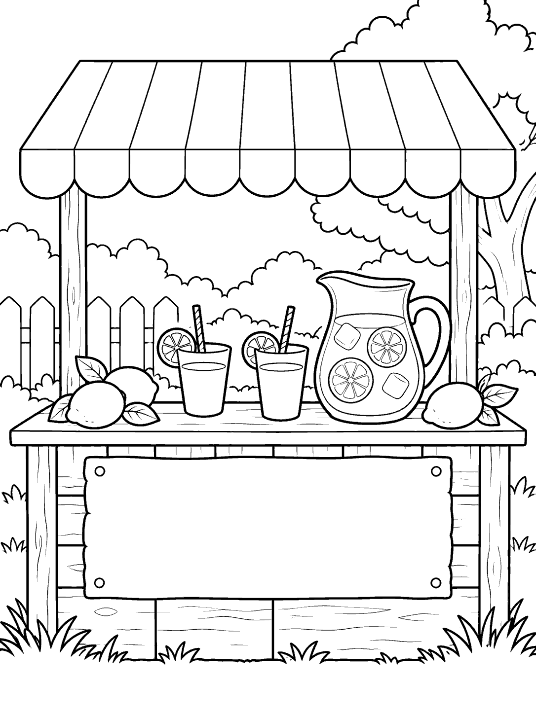 Black-and-white lemonade stand coloring page with a striped awning, pitcher, two cups, lemons, and a blank signboard.