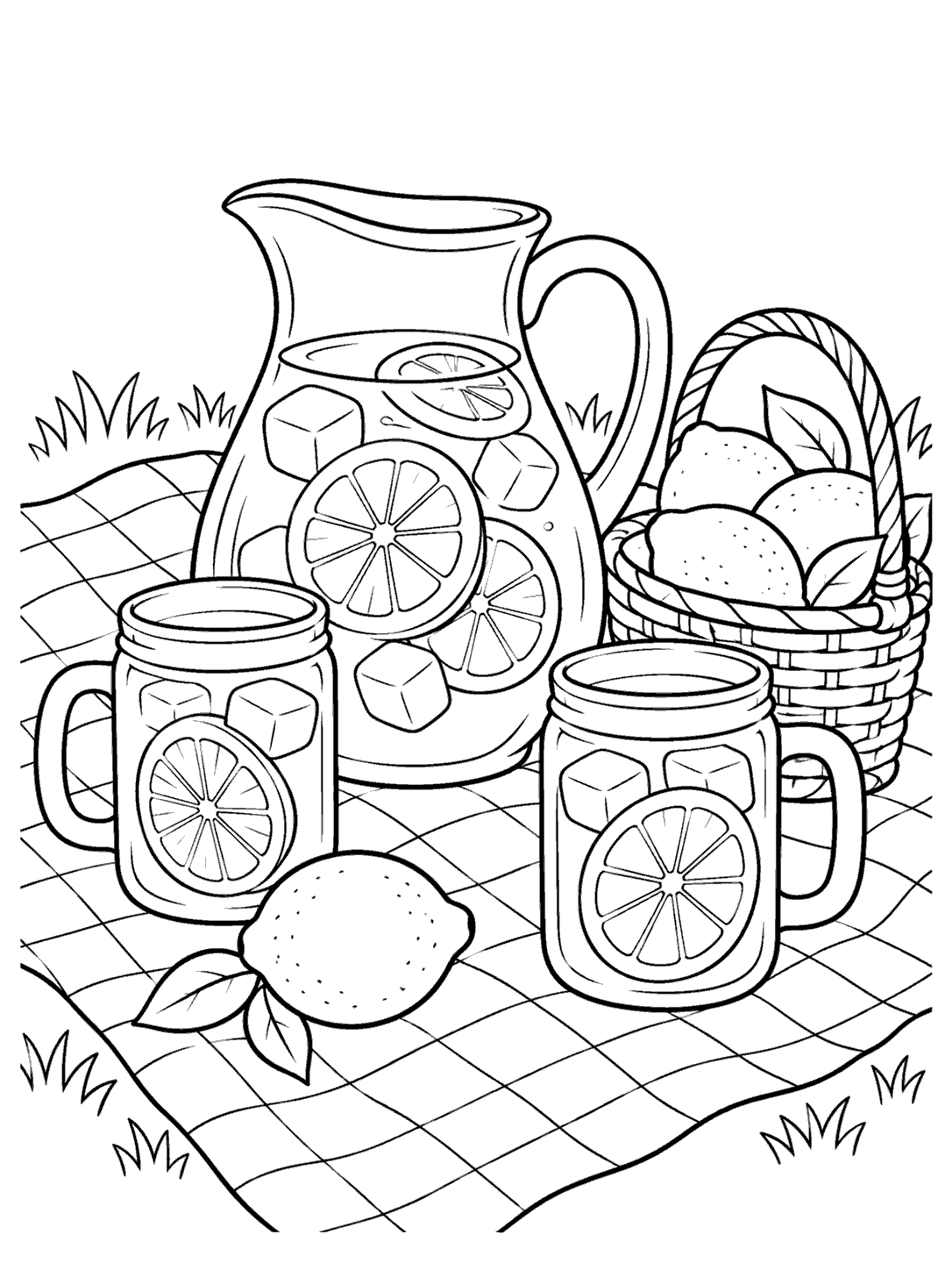Black line art coloring page of a lemonade picnic with a pitcher, two handled cups, lemons, and a checked blanket.