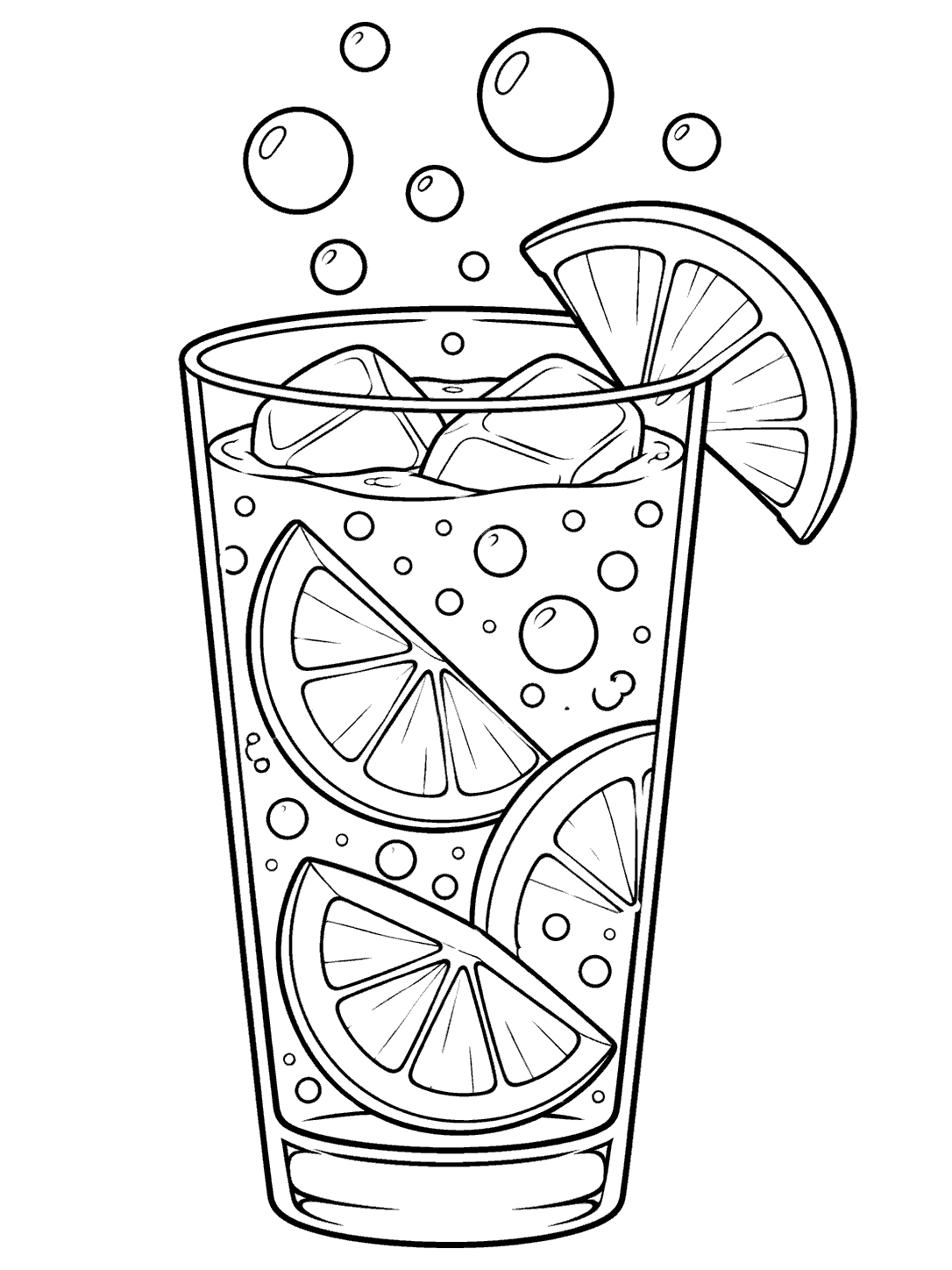 Black outline coloring page of a tall glass of sparkling lemonade with lemon slices and bubbles