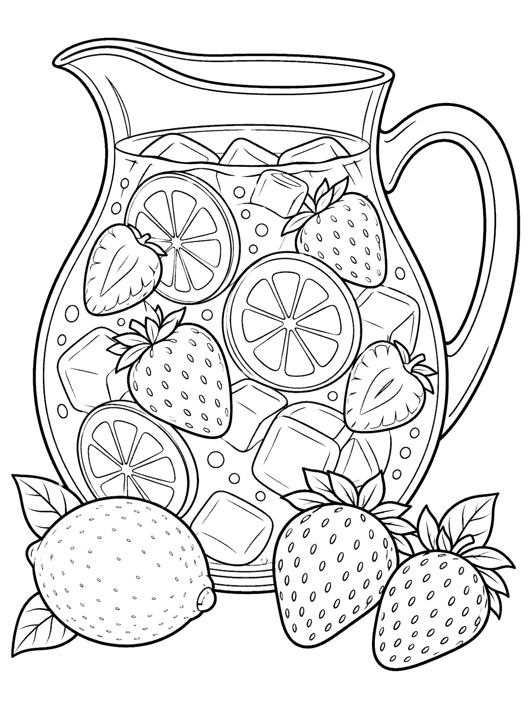 Strawberry lemonade coloring page with lemon rounds and strawberries in a pitcher, plus whole fruit beside it.