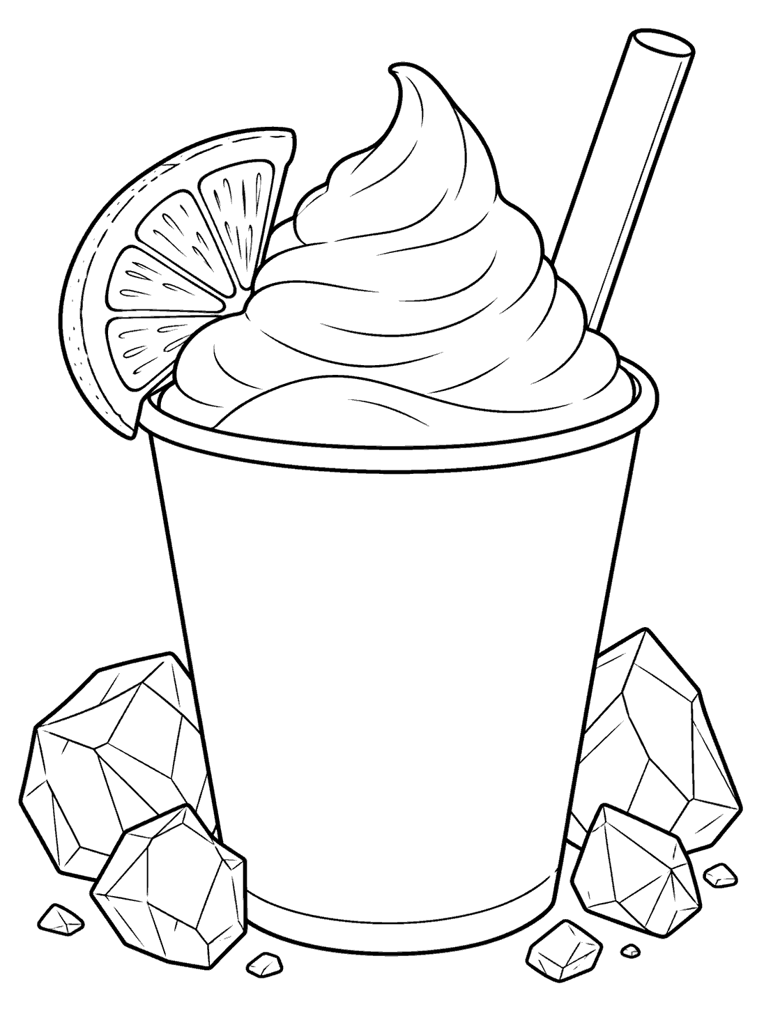 Black-and-white coloring page showing a blank paper cup of swirled frozen lemonade with a lemon wedge, broad straw, and geometric ice crystals around the base.