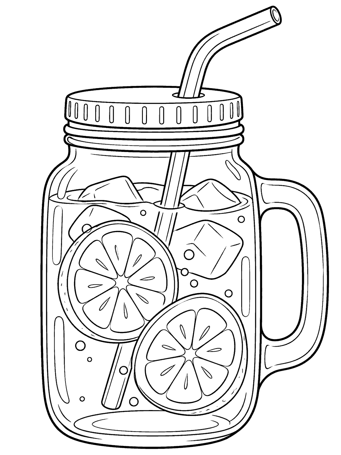 Black-and-white coloring page of a handled mason jar with a lid, curved straw, and two lemon slices.