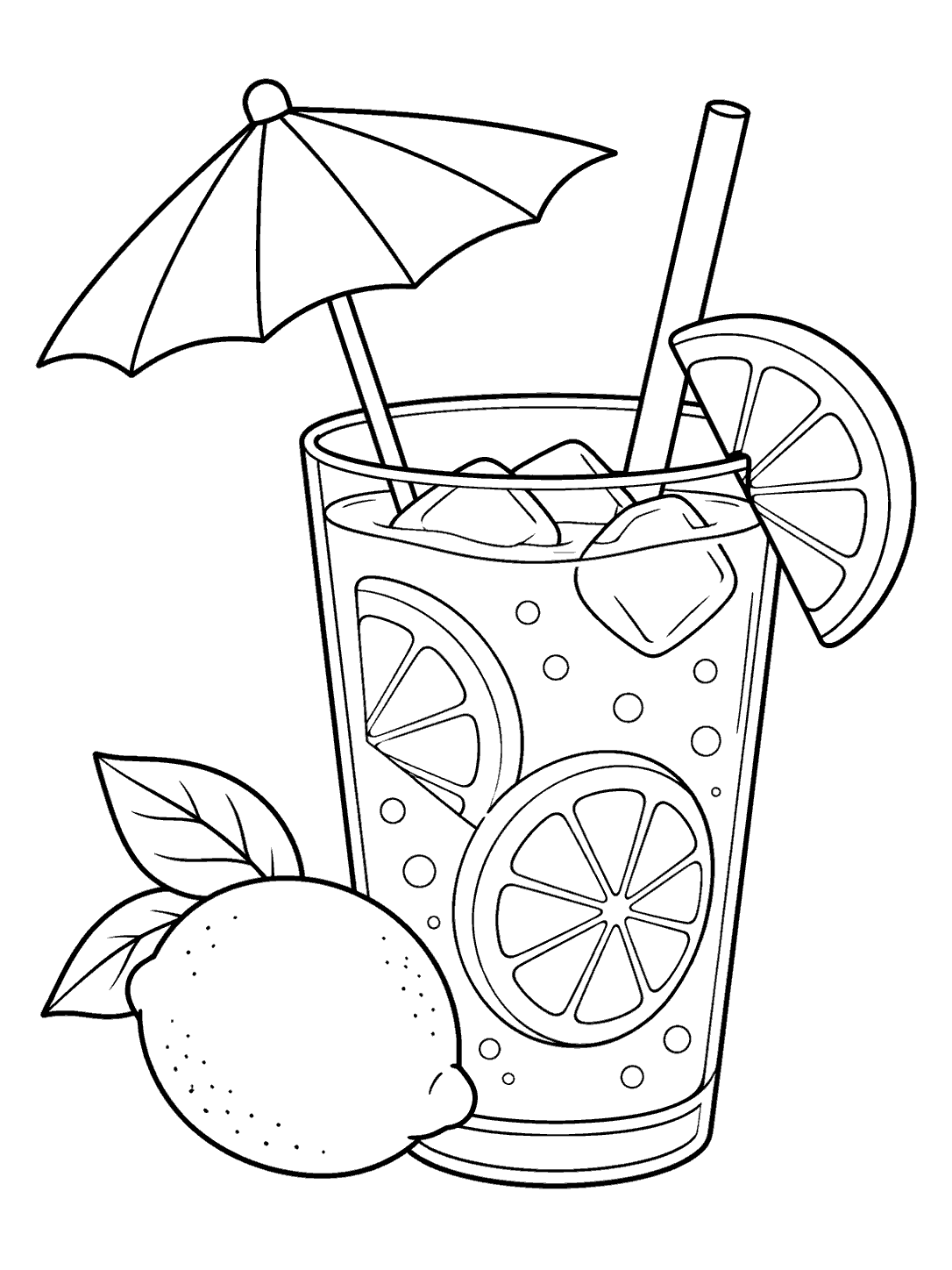 Black-and-white lemonade coloring page featuring a glass with a segmented umbrella, straw, lemon wedge, and a whole lemon.