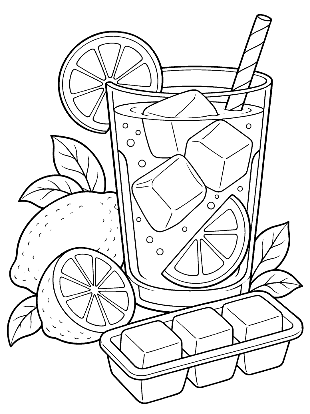 Black and white lemonade coloring page with a tumbler, lemon slices, and a three-cube ice tray