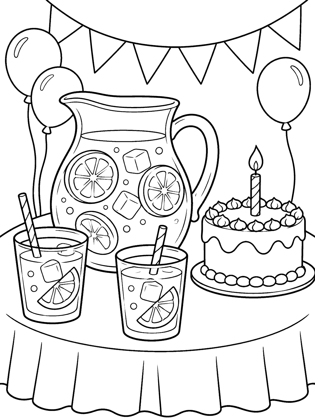 Black and white lemonade birthday coloring page with a pitcher, two cups, cake, candle, balloons, and party bunting.