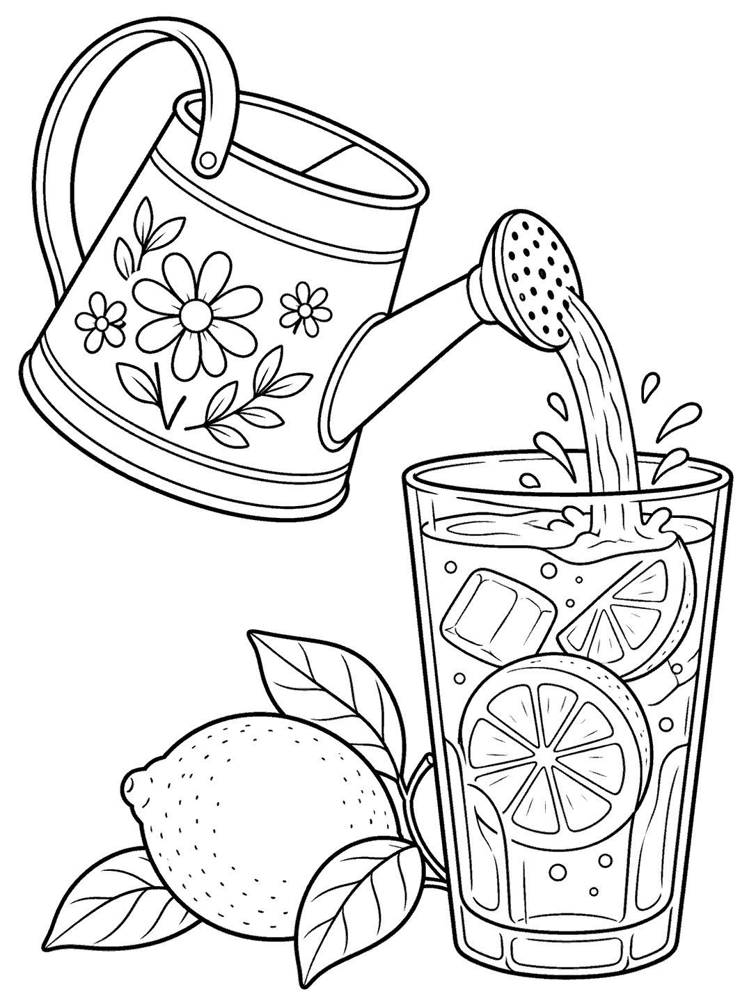 Black outline coloring page showing a flower-decorated watering can pouring lemonade into a glass with lemon slices and a whole lemon at its base.