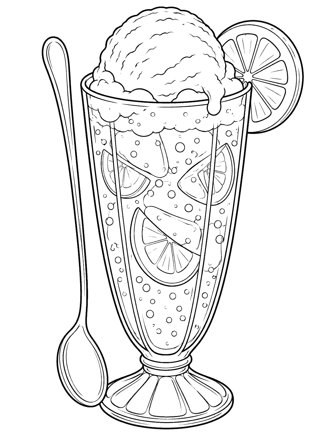 Black-and-white lemonade float coloring page with a tall soda glass, a large scoop of ice cream, lemon slices, and a long spoon.