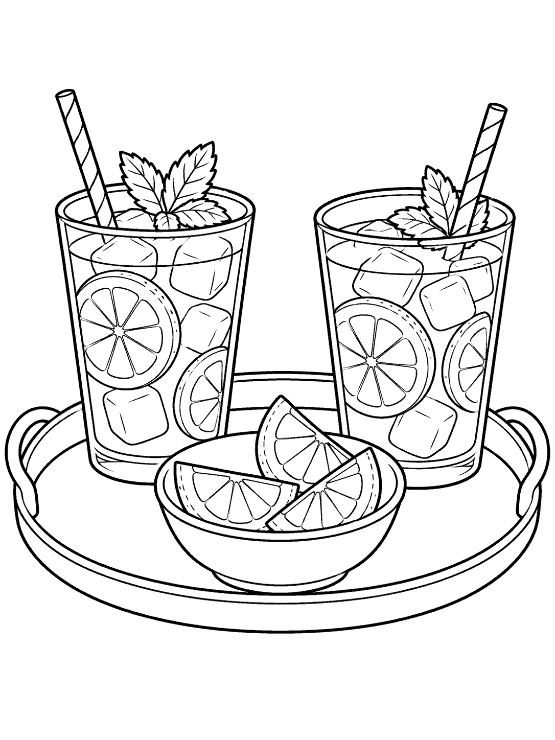 Black-and-white coloring page of two lemonade glasses and a bowl of lemon wedges on an oval serving tray.