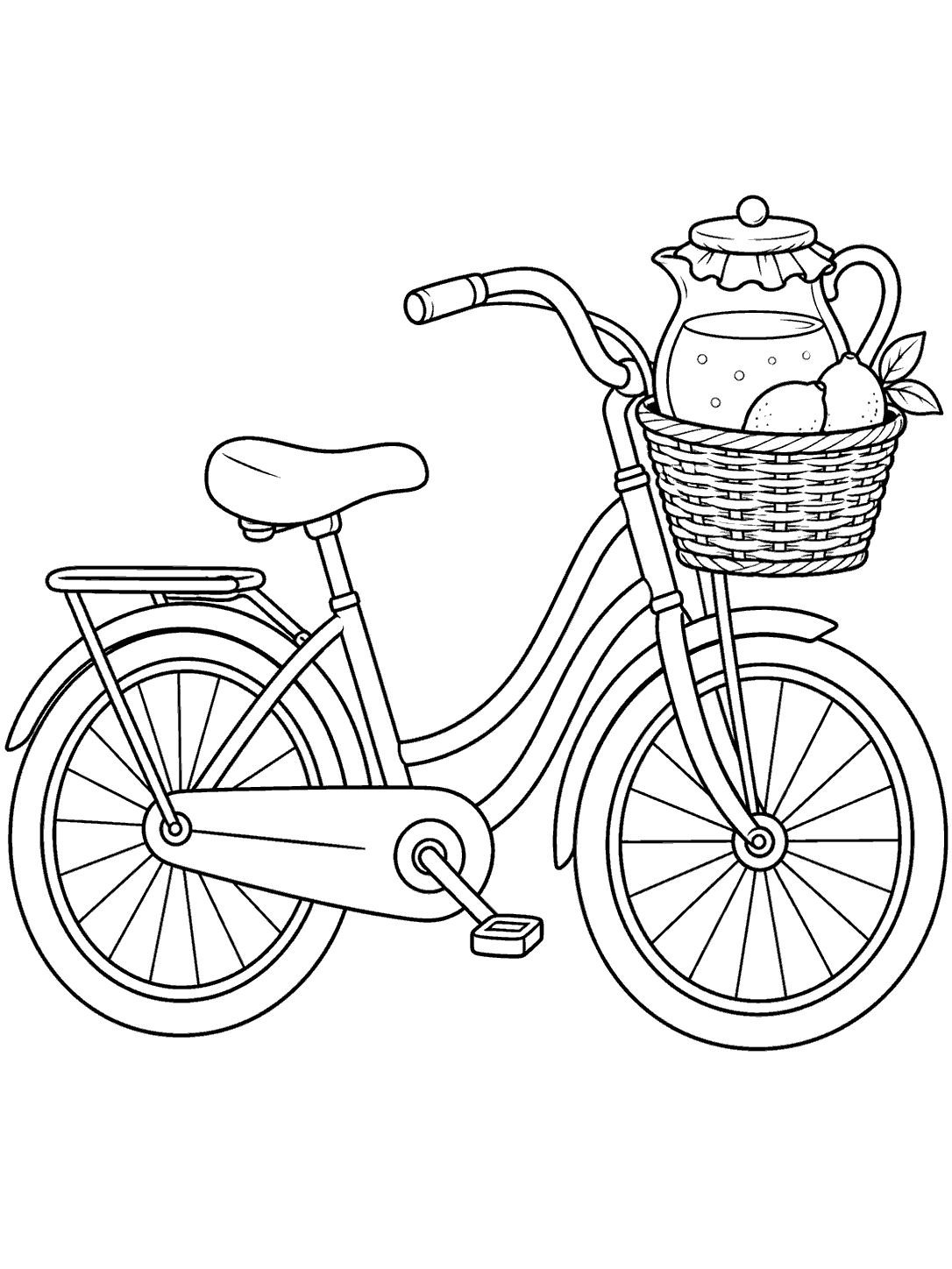 Black-and-white coloring page showing a side-view bicycle with two wheels and a basket holding a covered lemonade jug, lemons, and leaves.