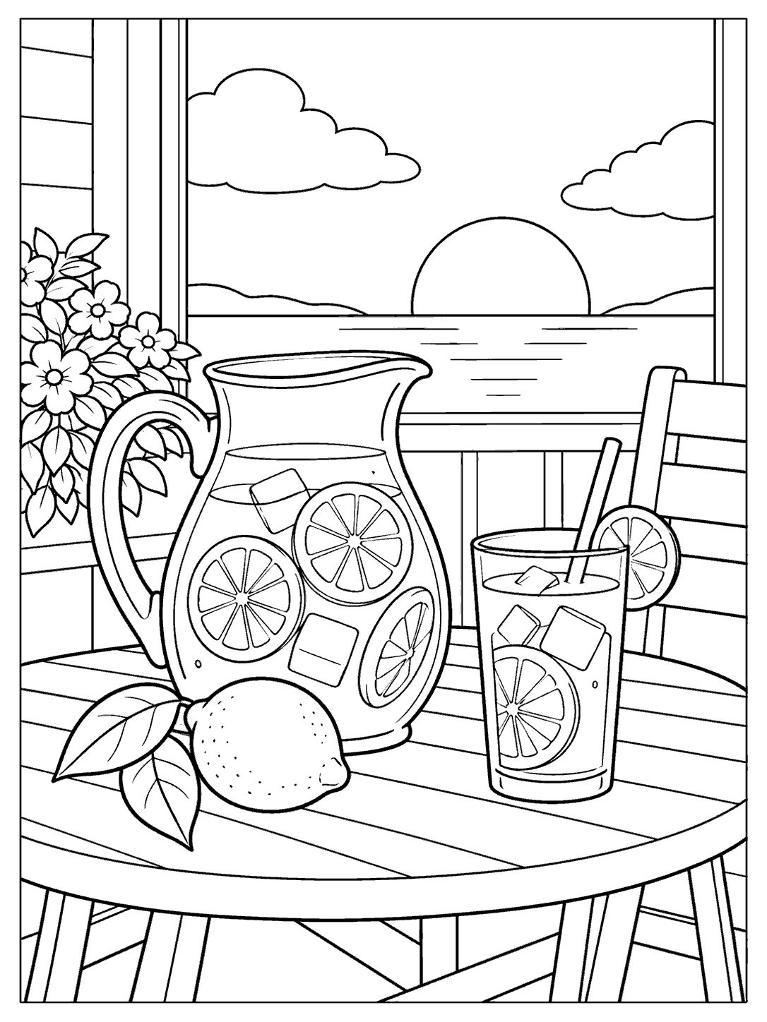 Lemonade sunset porch coloring page with a pitcher, glass, and setting sun in the window.