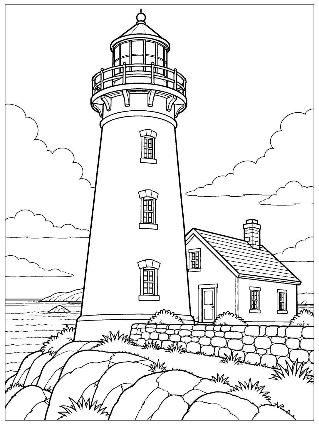 Classic lighthouse and keeper’s cottage on a rocky, grassy coast