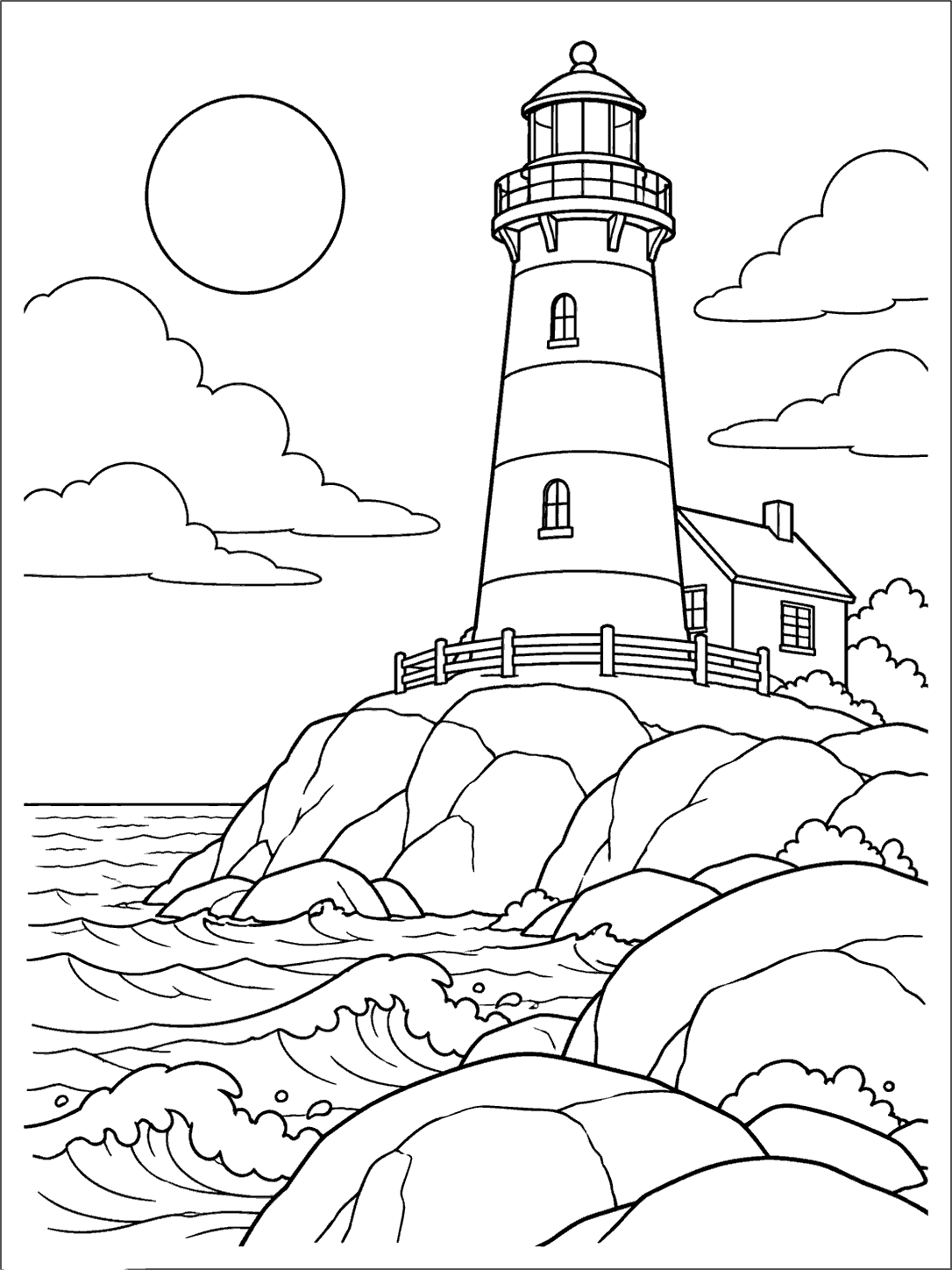 A tall lighthouse and keeper’s house stand on a rocky headland above waves, with clouds and a round sun.
