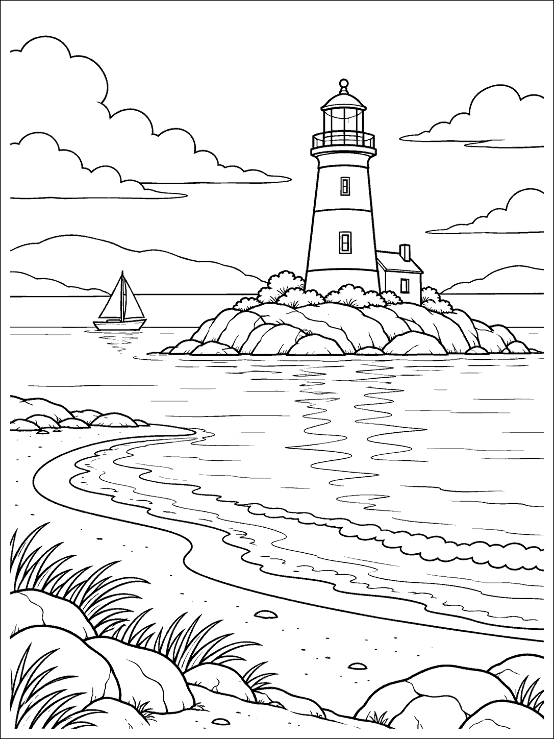 Small island lighthouse on a rocky island across a curved bay, with a sailboat, distant hills, clouds, and a winding shoreline.