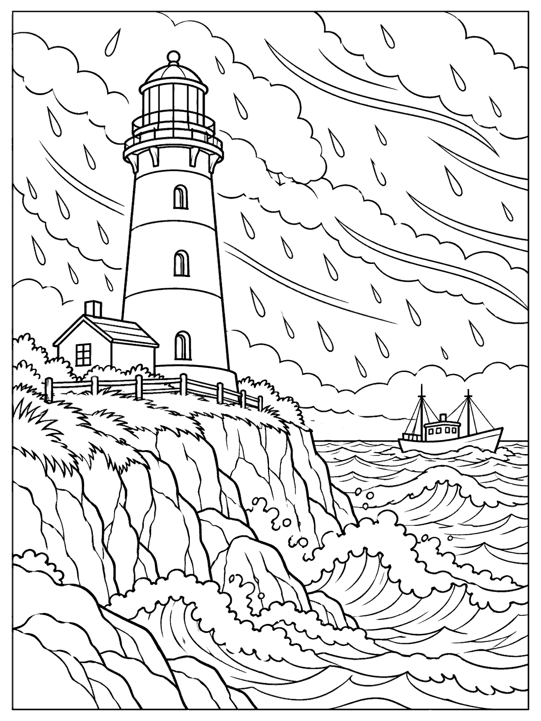 Lighthouse on a coastal bluff guiding a small ship through a storm