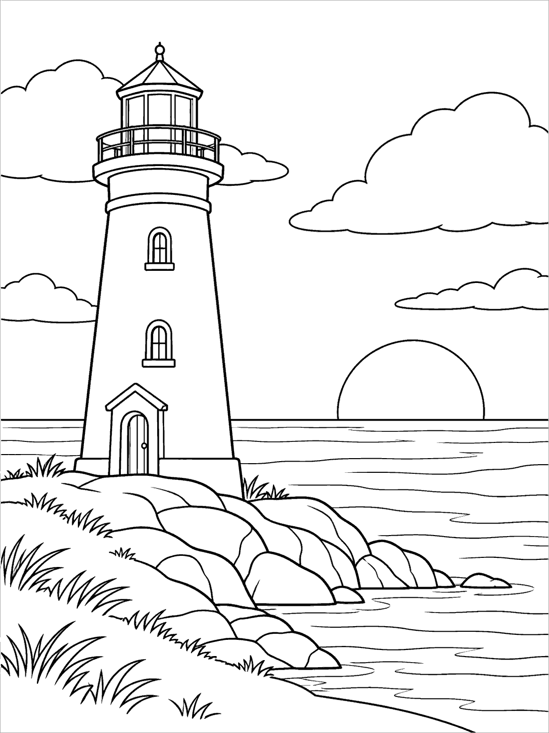 Black-line lighthouse on a rocky seaside point, with broad clouds, calm water, and a low sun.