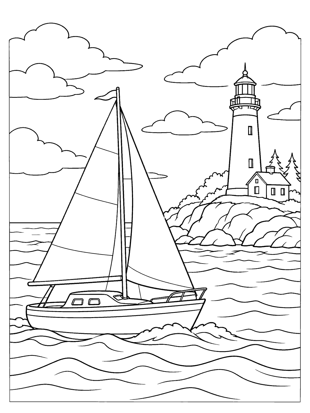 Sailboat passing a lighthouse along the coast
