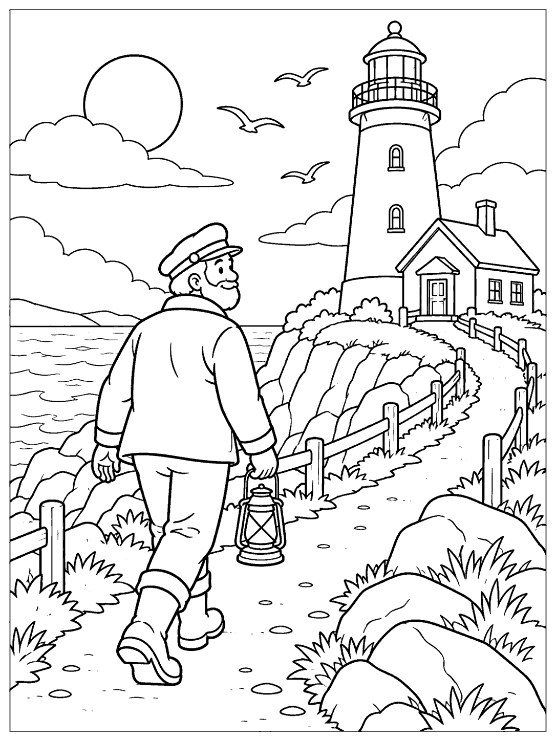 An adult lighthouse keeper carrying a lantern toward a lighthouse along a coastal path.