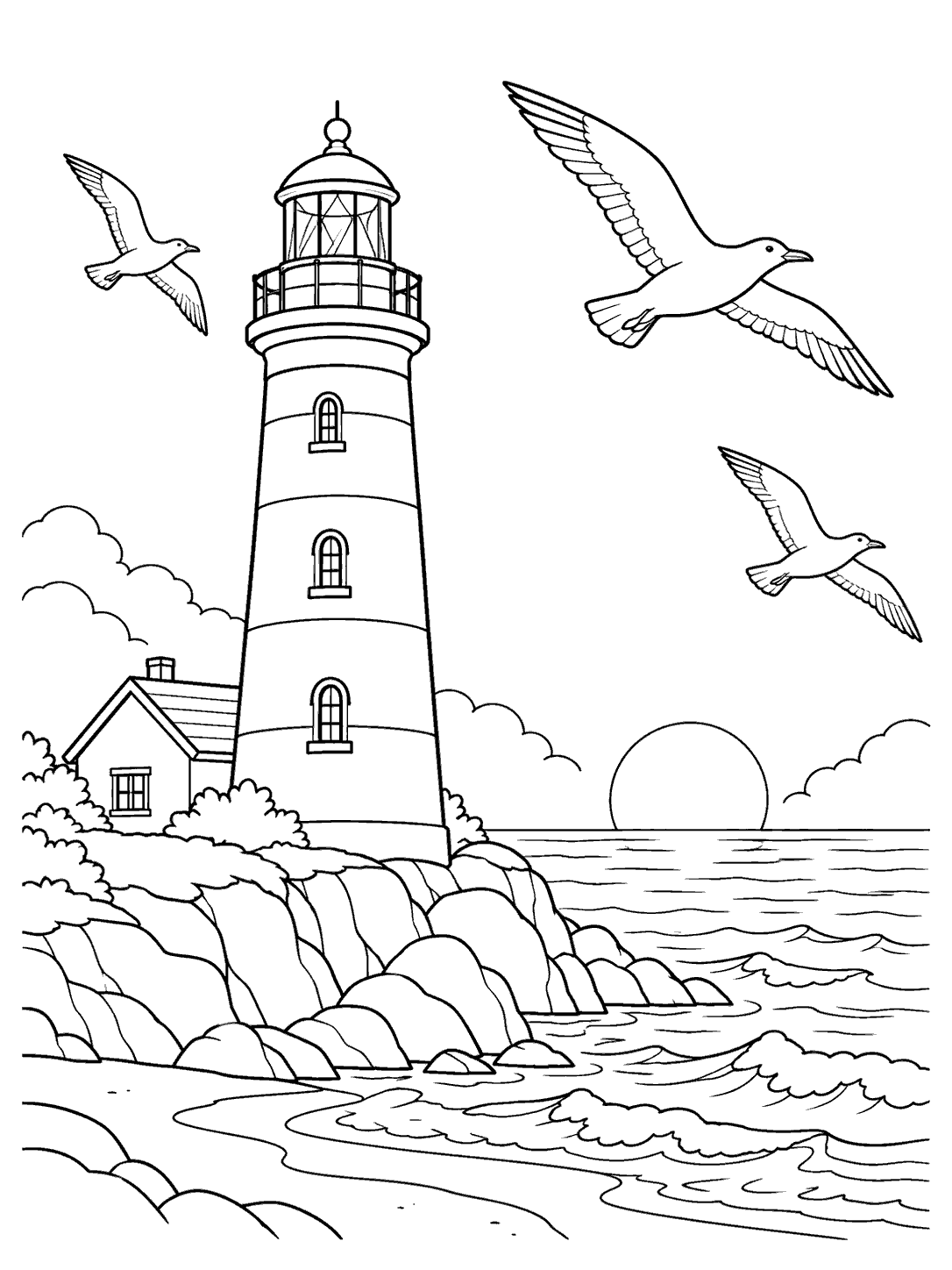 A tall lighthouse stands on a rocky shoreline above the sea, with three seagulls flying in the open sky.
