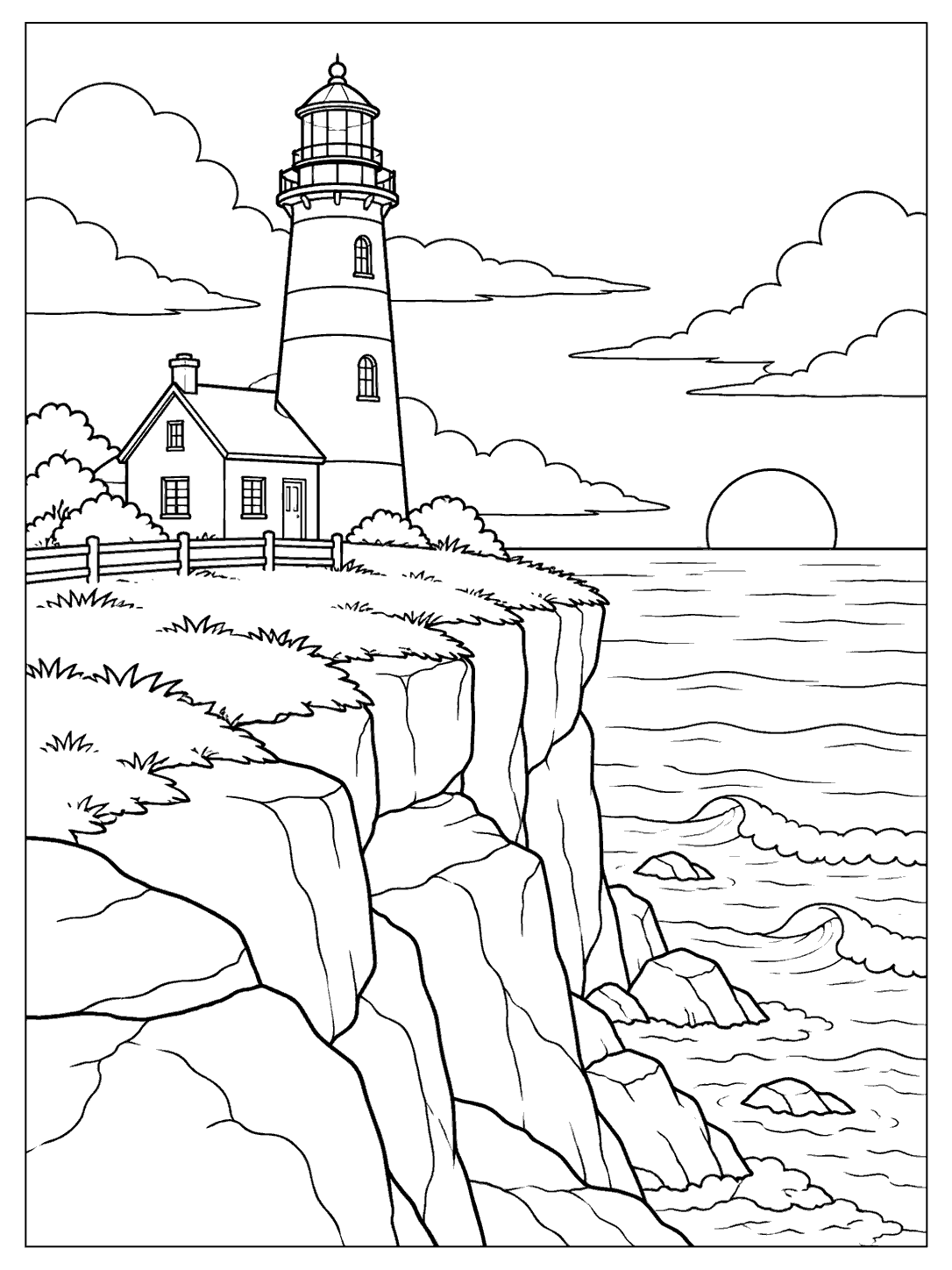 Black-outline lighthouse and cottage atop a layered cliff above the ocean, with clouds, waves, and a setting sun.