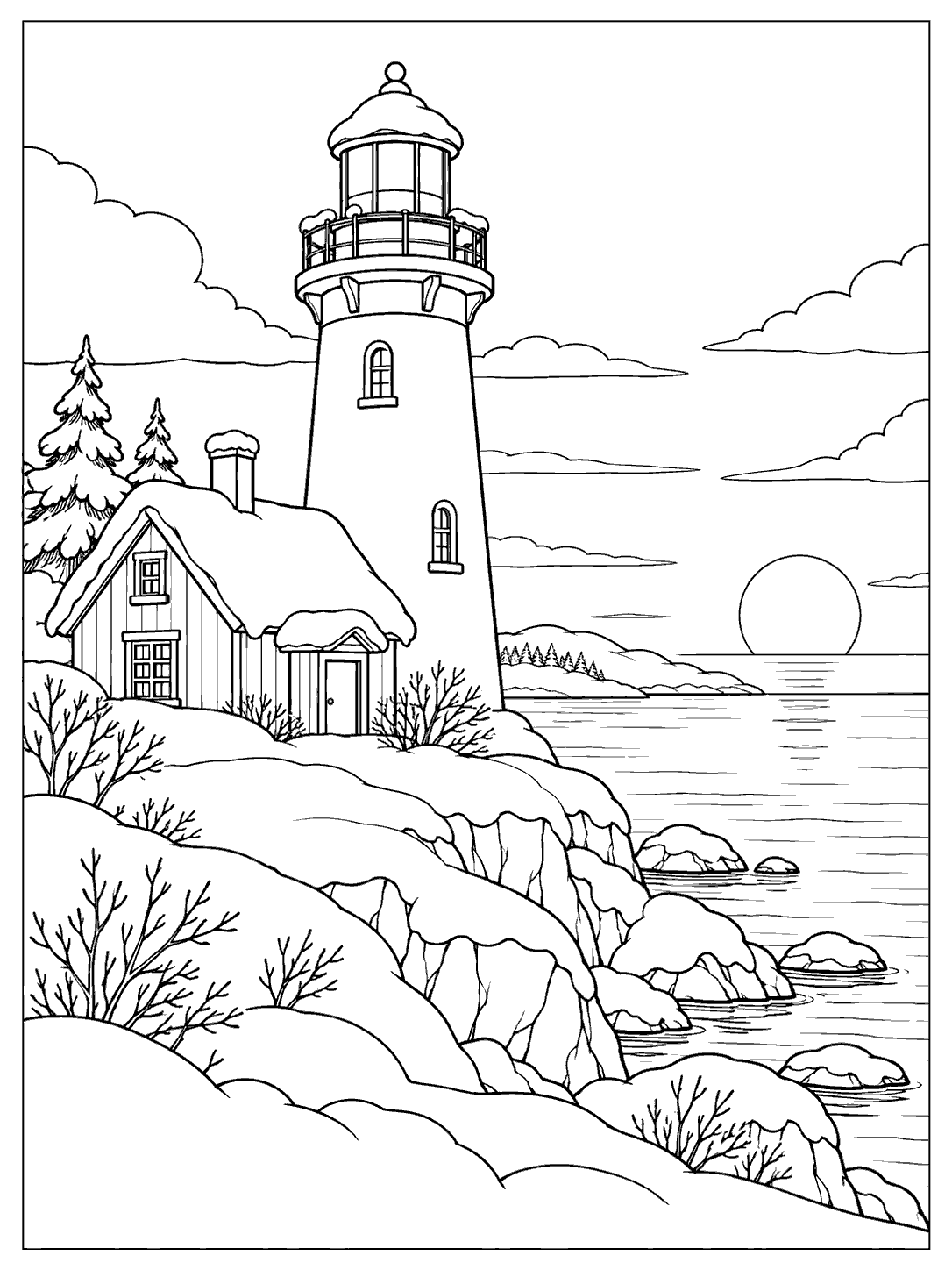 Black-and-white coloring page of a snow-covered lighthouse and cottage beside a calm sea, framed by bare shrubs and snowy rocks.