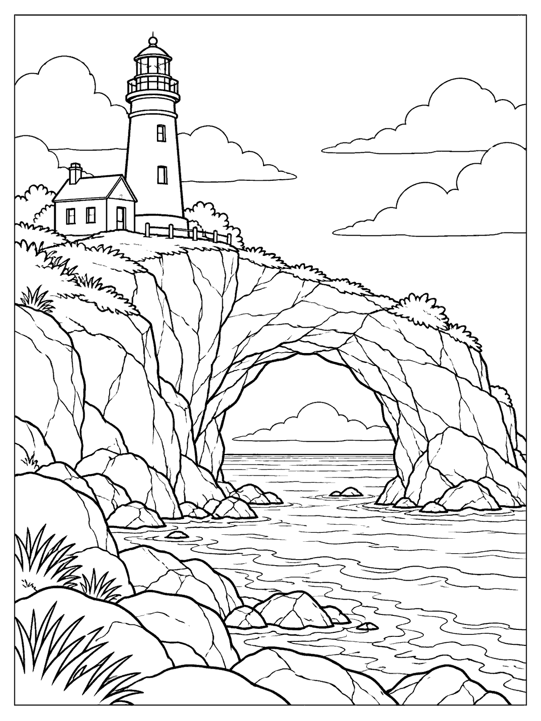 Black-line coloring page showing a lighthouse and small house on a rocky headland, with a large natural rock arch framing the sea.