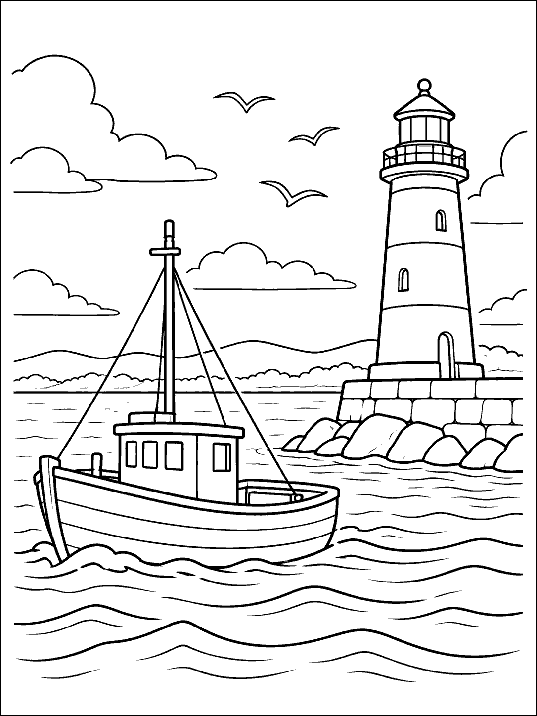 Fishing boat near a lighthouse at a quiet harbor entrance