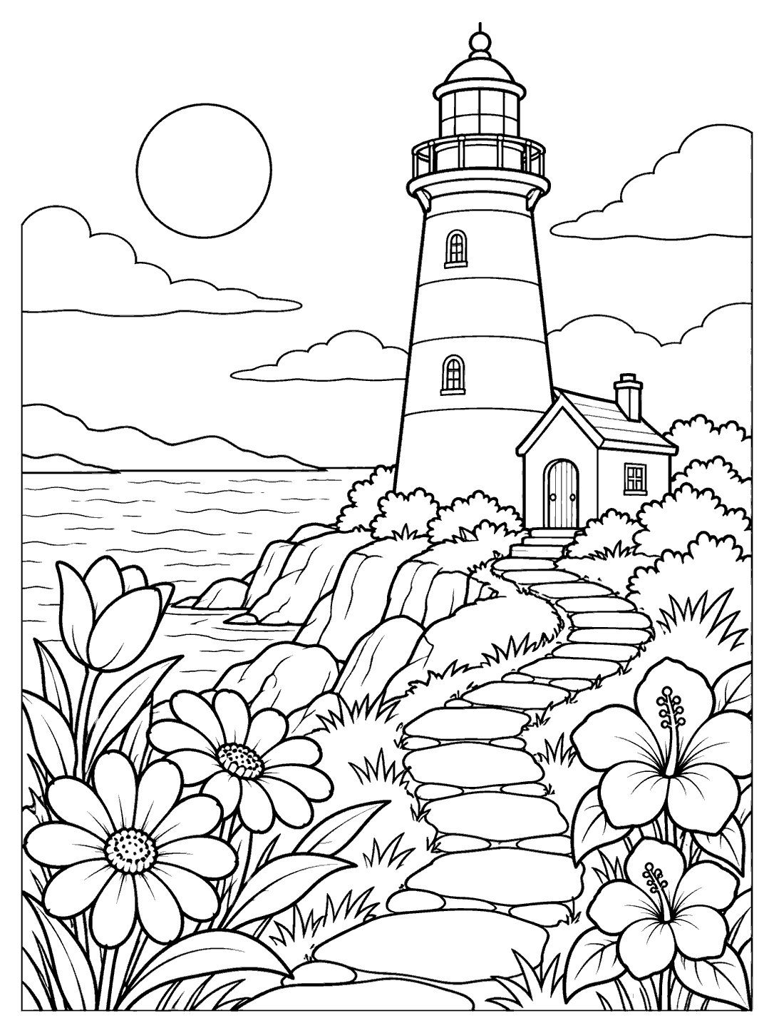 Tall lighthouse by the shore, with a winding stone path and large flowers in the foreground.