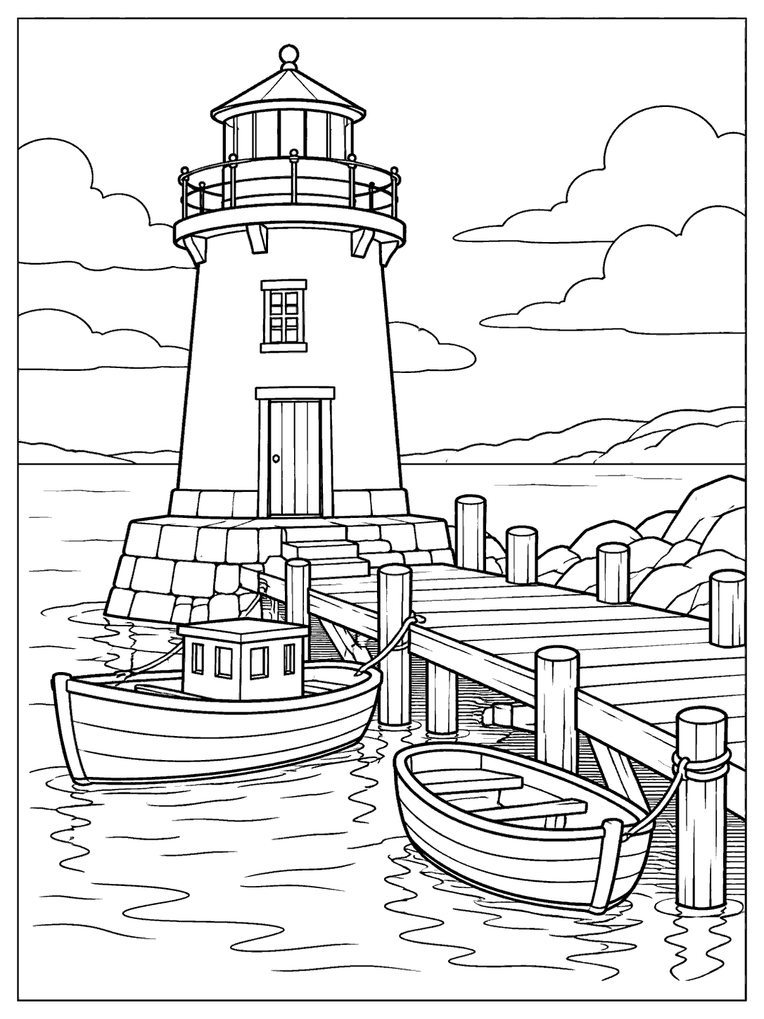 Black-and-white coloring page showing a harbor lighthouse, wooden pier, two tied boats, and calm water.