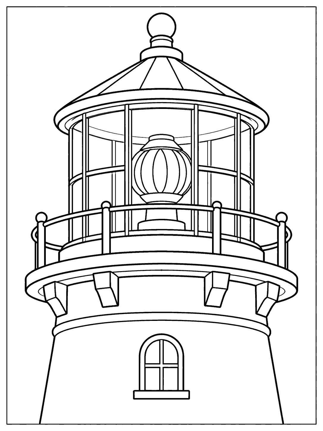 Black outline coloring page of a lighthouse lantern room with a domed roof, balcony railing, and tower tapering toward the page edge.