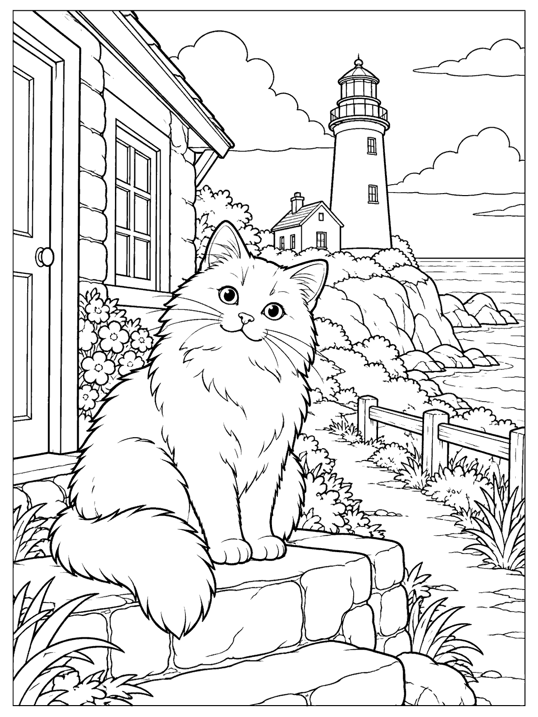 Black-outline coloring page of a fluffy cat on a stone step beside a cottage, with a lighthouse in the background.