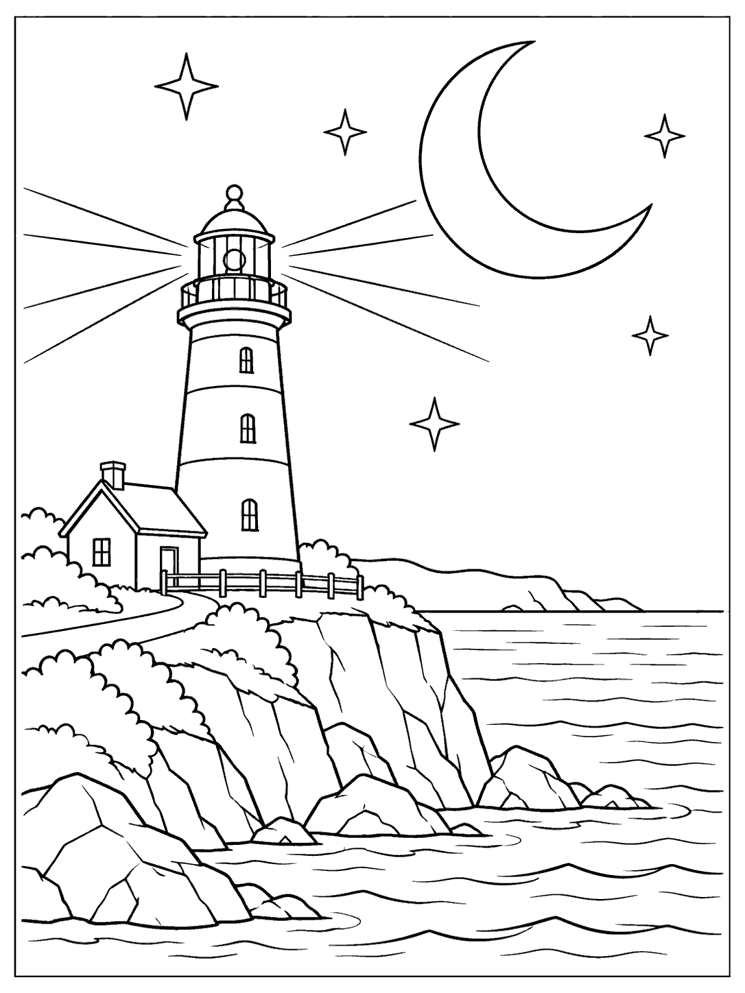 Lighthouse on a coastal promontory beneath a crescent moon, with stars and calm waves