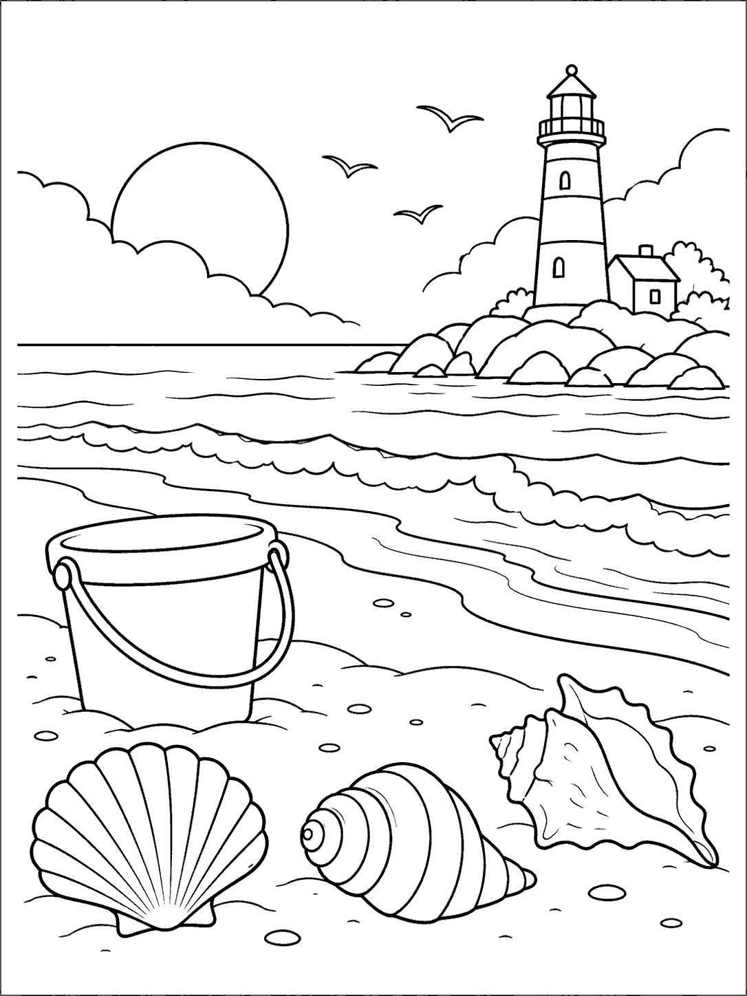 Black-outline beach scene with a lighthouse on a rocky point, a foreground bucket, three large seashells, waves, birds, and a large sun.