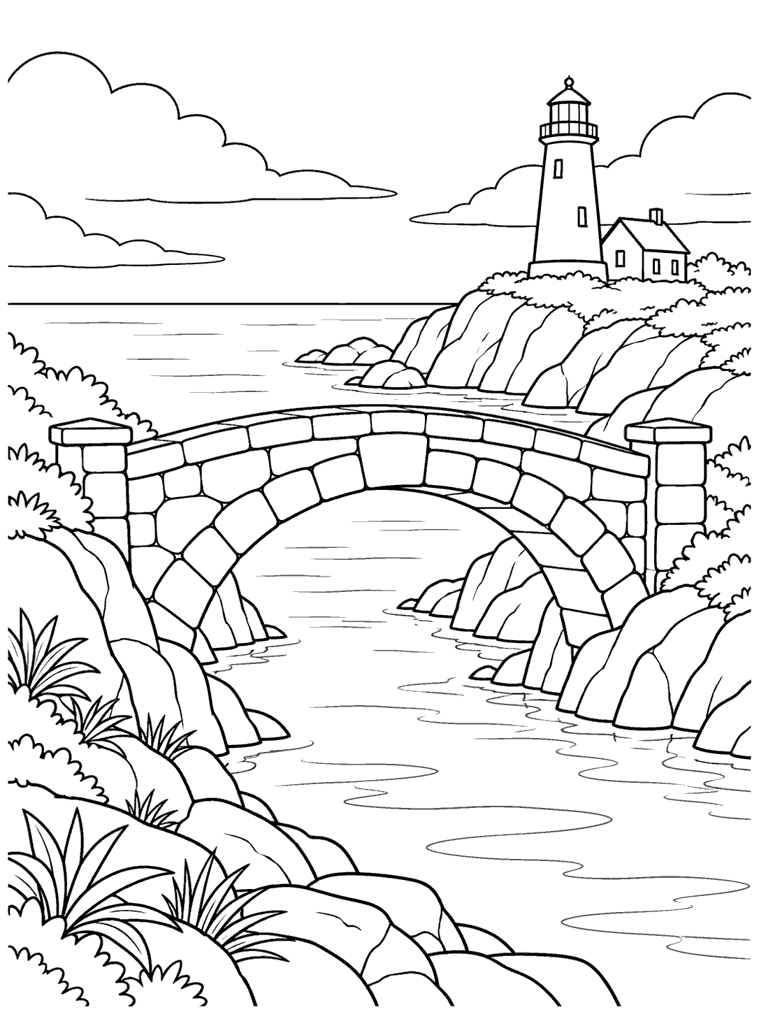 Black line art of a broad arched stone footbridge crossing an inlet, with a lighthouse on the rocky headland behind it.