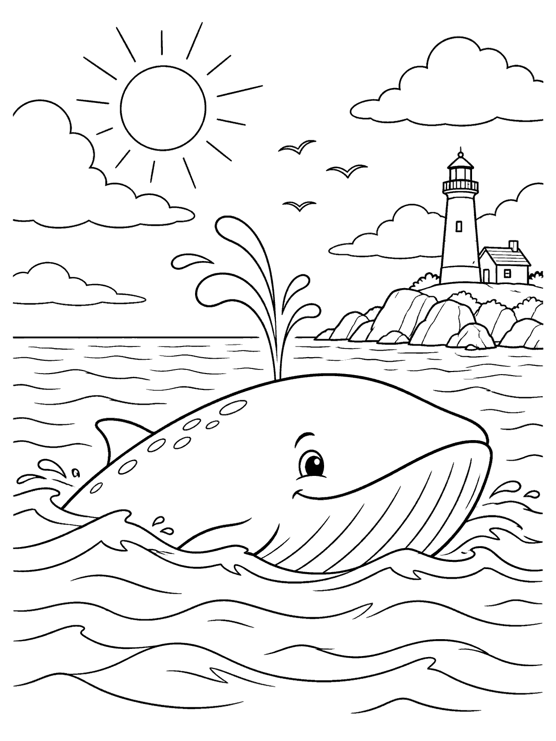 Large smiling whale surfacing with an arcing water spout, waves, birds, clouds, and a lighthouse on a rocky coast.
