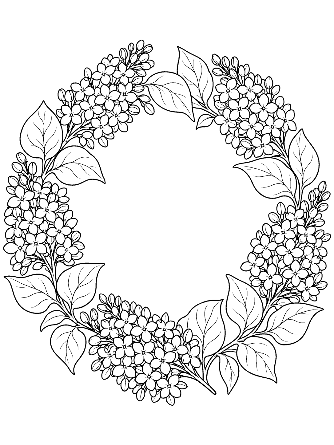 Black line art of a circular wreath made from lilac flower clusters and broad leaves, with an open white center.