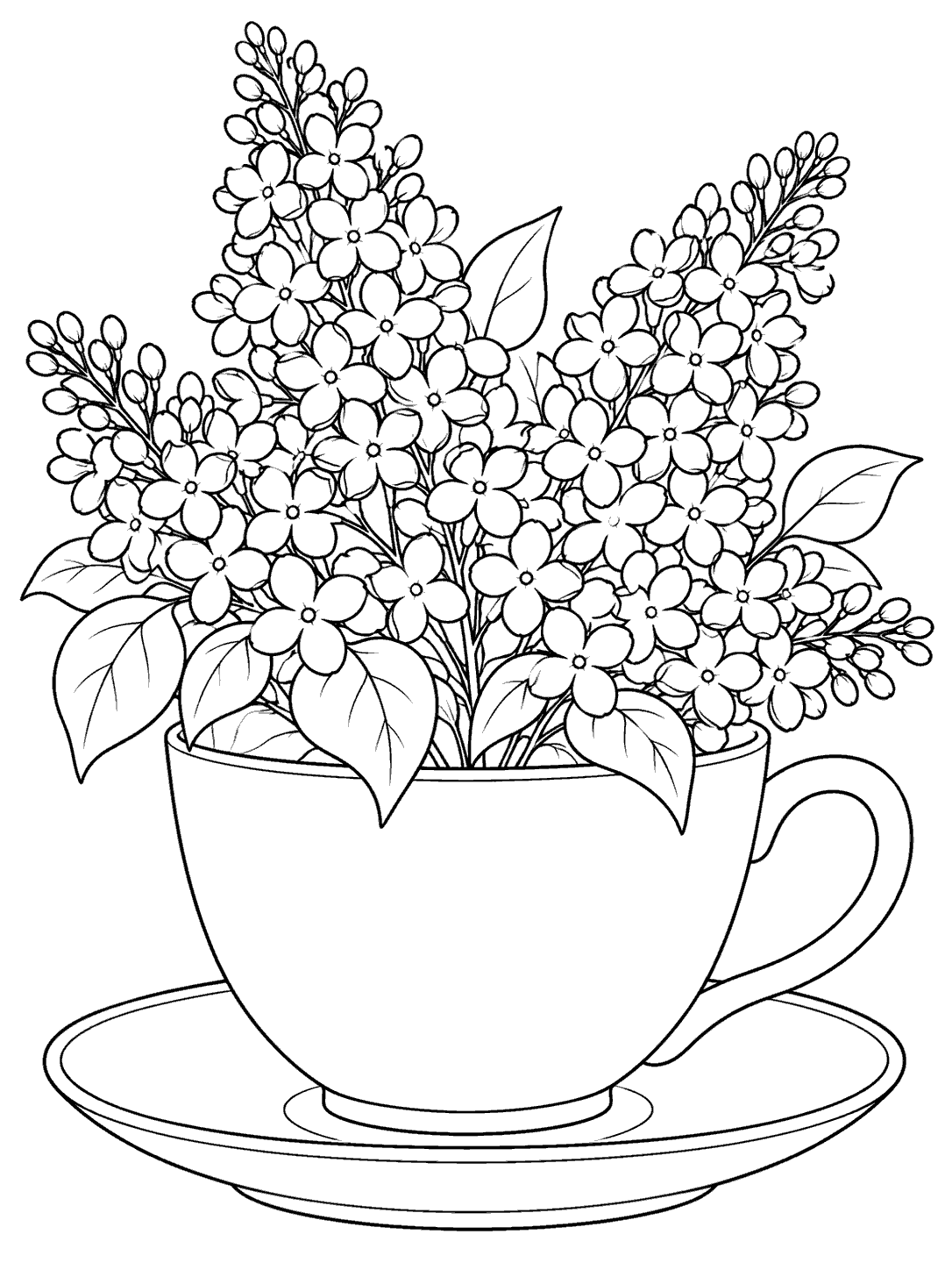 Detailed lilac bouquet arranged in a large unpatterned teacup and saucer