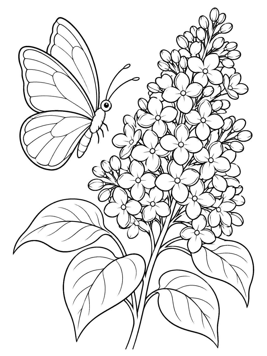 Large butterfly beside a flowering lilac stem with broad leaves
