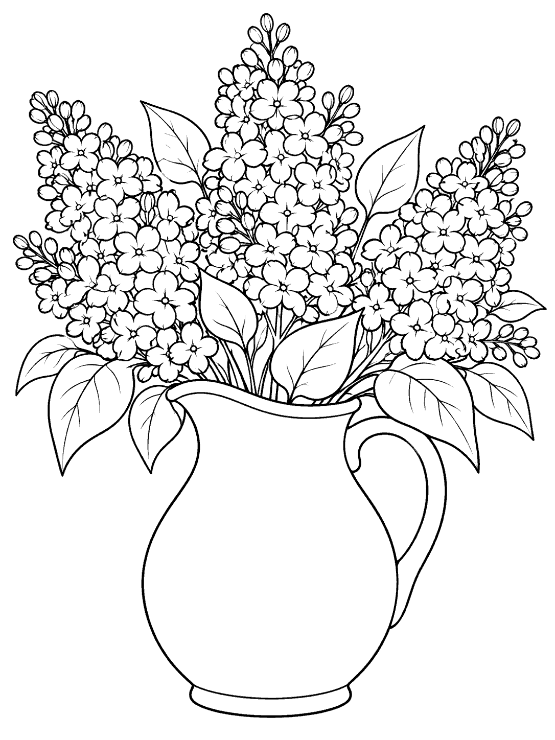 Black outline drawing of a lilac bouquet with leaves in a broad, unpatterned handled pitcher.