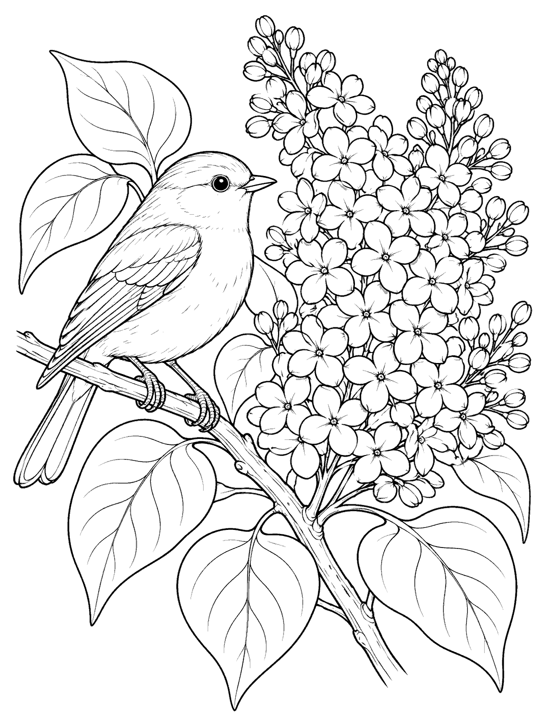 A small songbird perched on a branch beside a large lilac cluster and broad leaves, drawn in black outlines for coloring.
