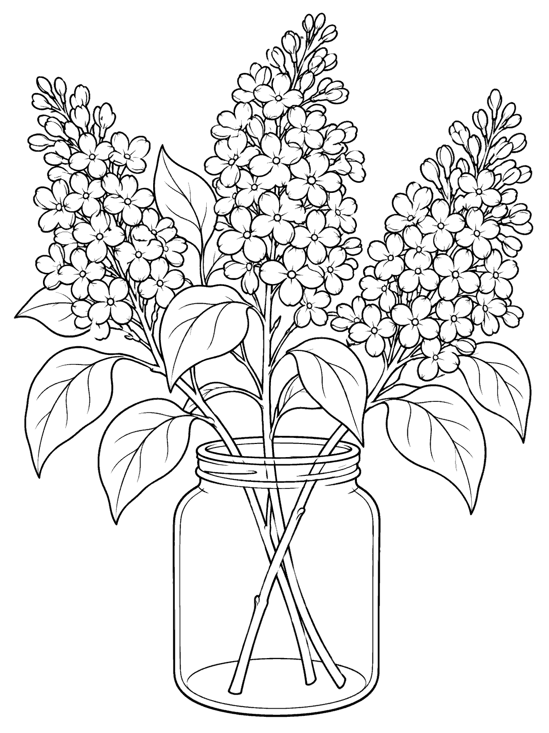 Three lilac flower panicles with broad leaves arranged in a plain jar