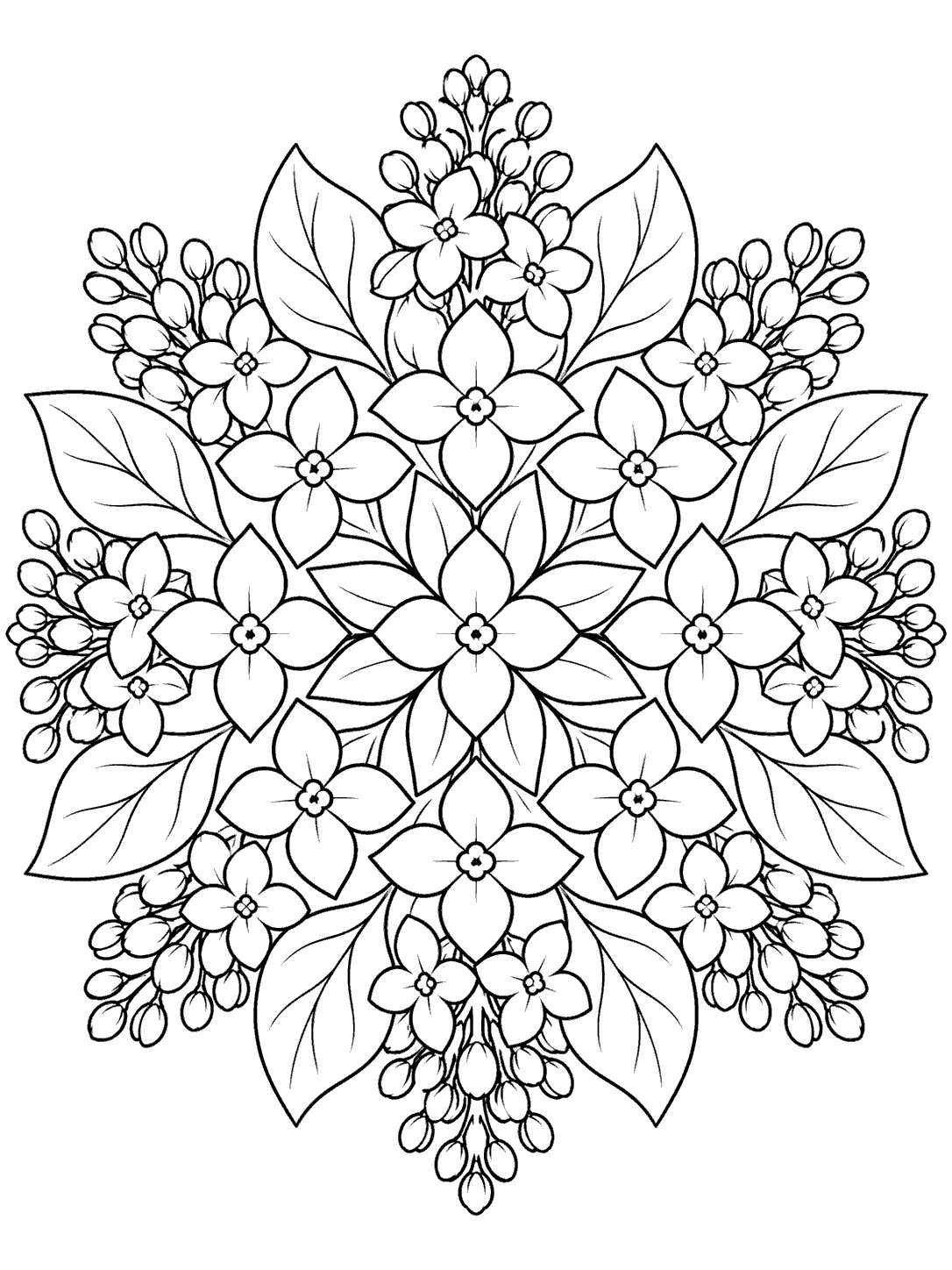 Symmetrical black line art mandala of lilac florets and radiating leaves on white