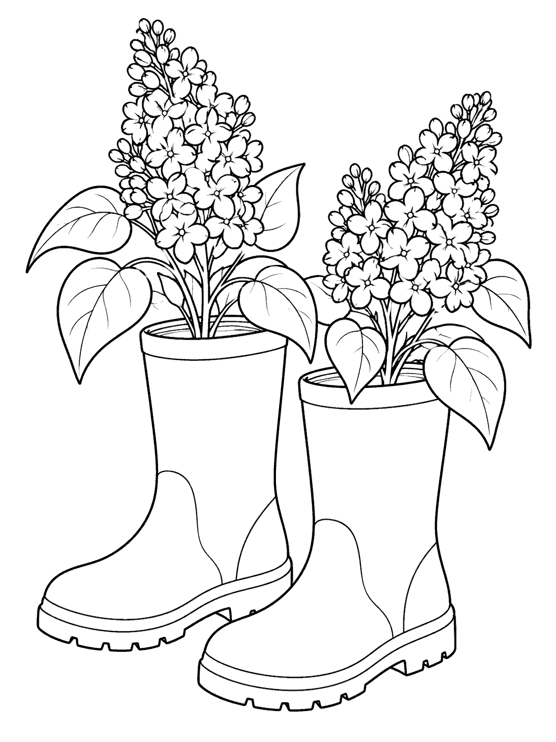 Lilac stems arranged in plain garden boots
