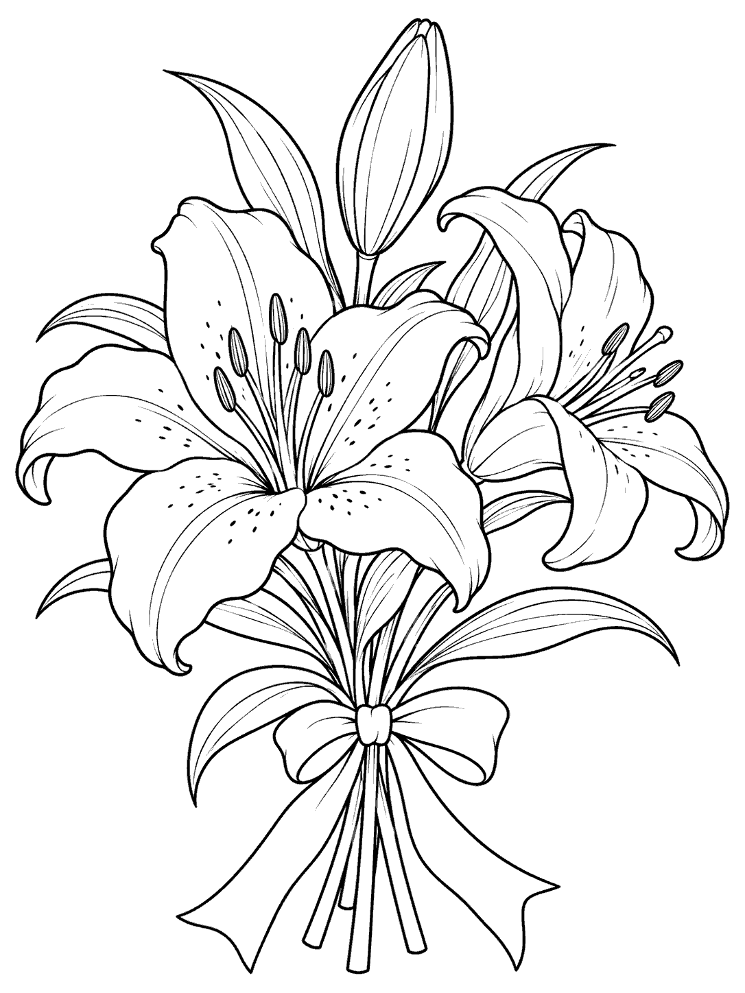A ribbon-tied bouquet with two open lilies, one angled sideways, and a tall unopened bud, surrounded by leaves.