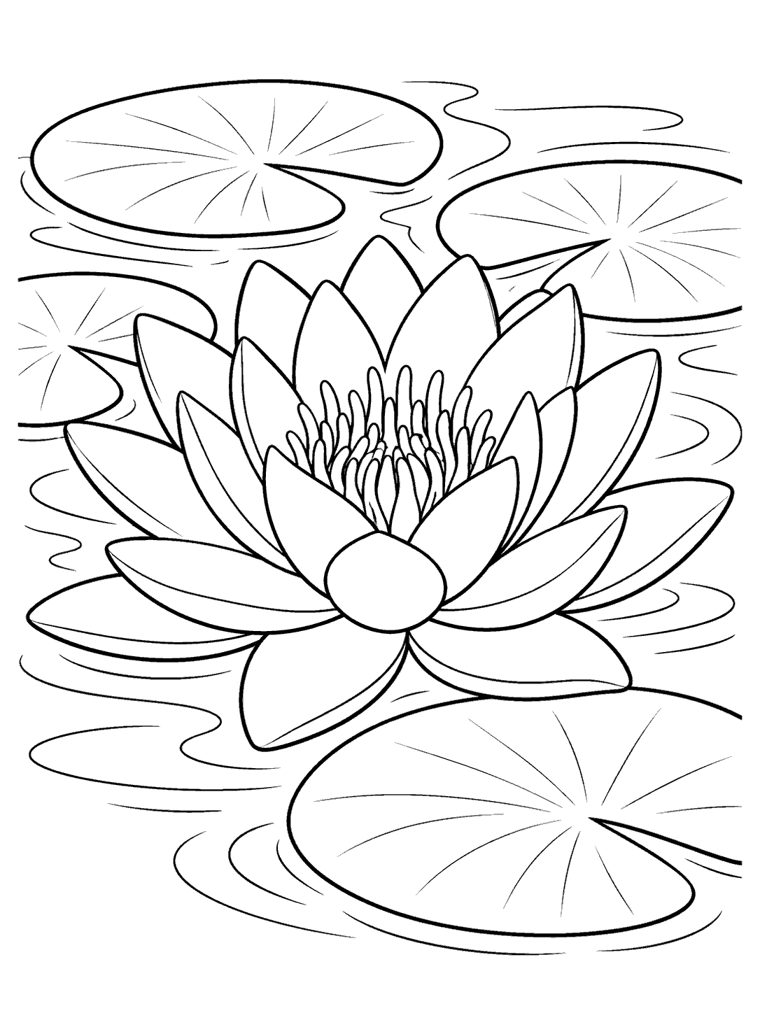 A large water lily with layered petals floats among round lily pads on rippling water.