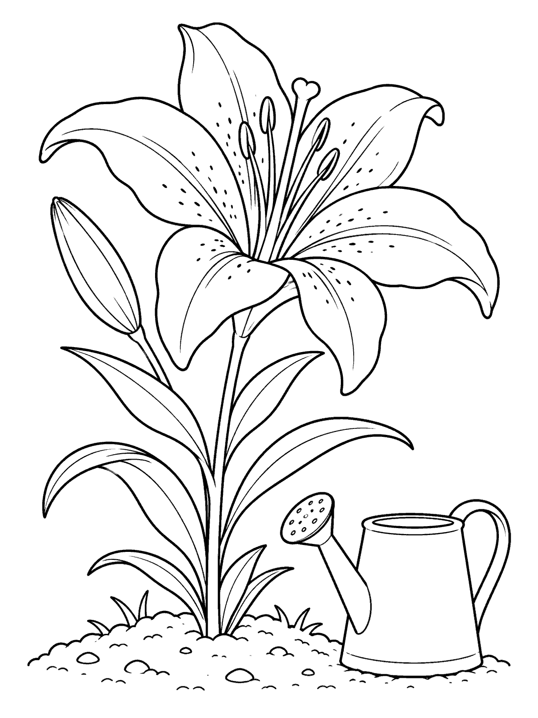 A large open lily with a bud, leaves, and a small patch of soil beside a plain watering can.